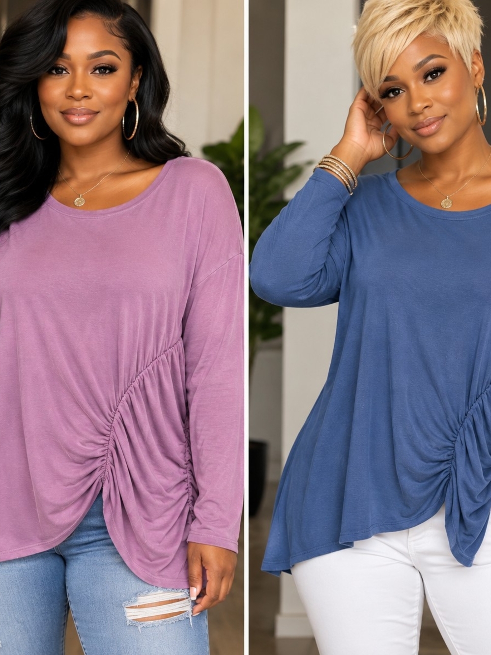 Time and Tru Ruched Side Long-Sleeve Top - Mauve & Dusty Blue